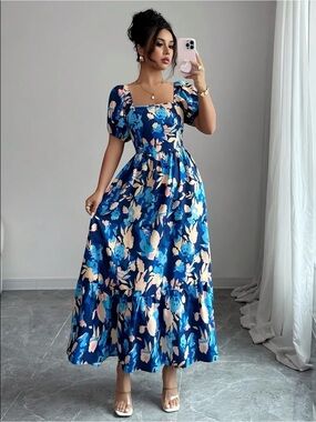 Blue Floral Square-Neck Maxi Dress Size L NWOT
